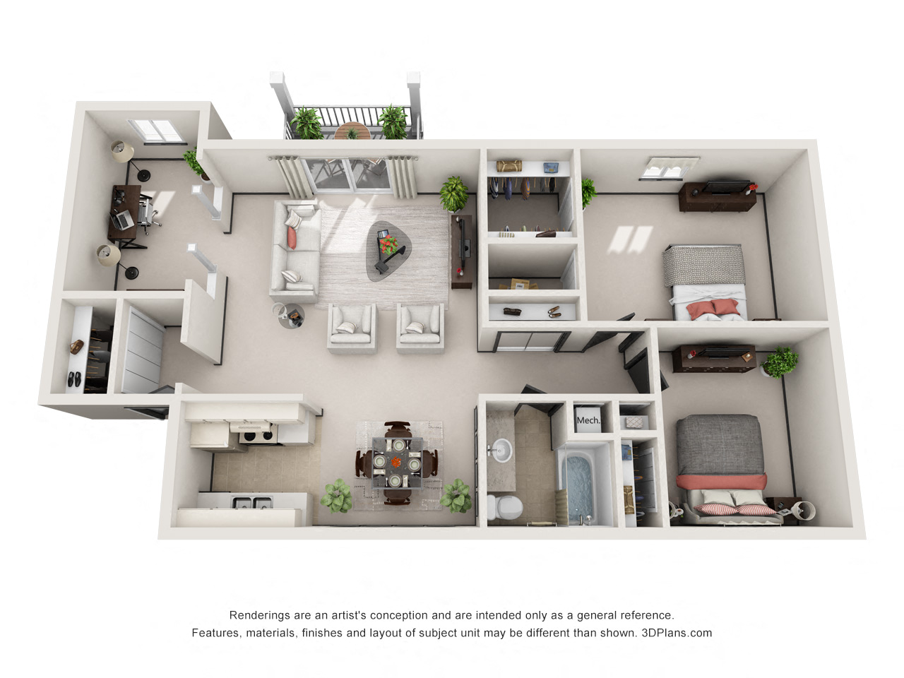 Floor plan for 2 beds, 1 bath, 923 sqft